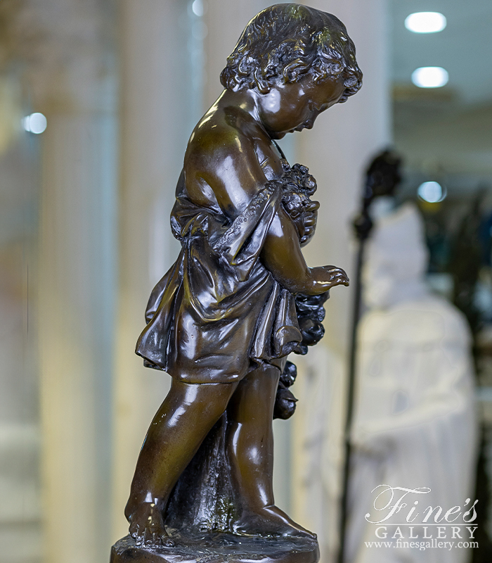 Bronze Statues  - A Child With Flowers In Museum Quality Vintage Bronze - BS-1581